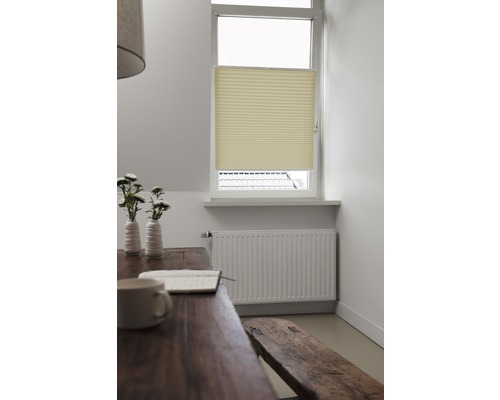 Scenă cu jaluzea plisată la fereastră, masă, bancă și radiator