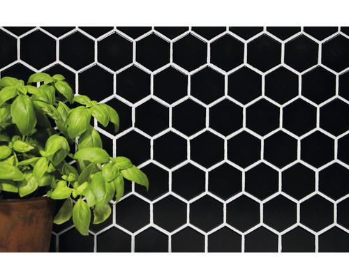 Plăci hexagonale negre ca placare de perete cu ghiveci de busuioc