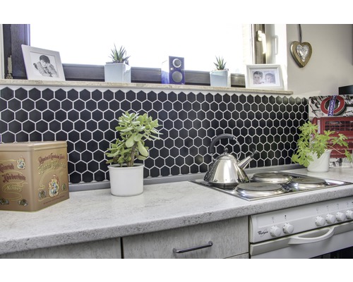 Scenă de bucătărie cu faianță hexagonală, ceainic și plante de apartament