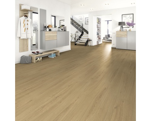 Hol luminos cu podea laminată, garderobă și scară