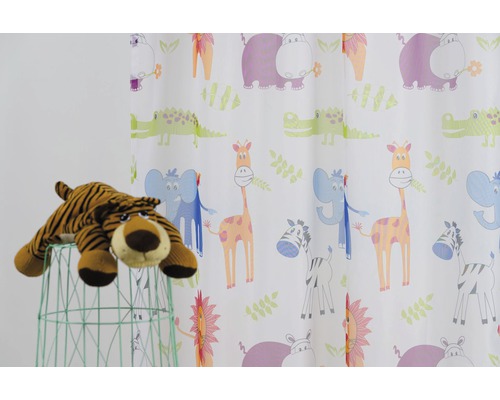 Cortină de duș cu motiv cu animale și jucărie de pluș pe un cadru de sârmă