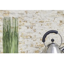 Perete decorativ din piatră cu iarbă ornamentală și ceainic din oțel inoxidabil