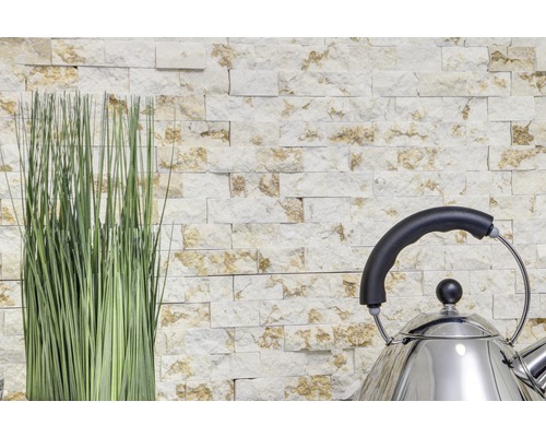 Perete decorativ din piatră cu iarbă ornamentală și ceainic din oțel inoxidabil