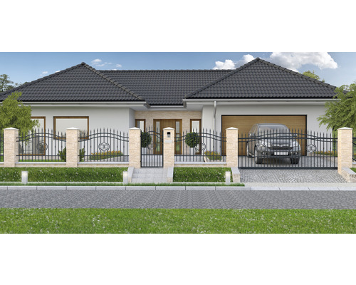 Casă unifamilială cu gard, poartă de grădină și poartă de intrare