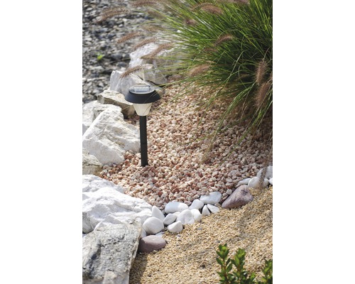 Scenă de grădină cu pietriș decorativ și lampă solară