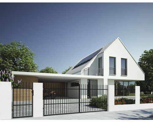 Casă unifamilială cu poartă de intrare și carport