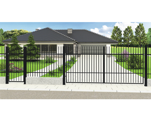 Casă cu gard metalic negru și poartă de grădină