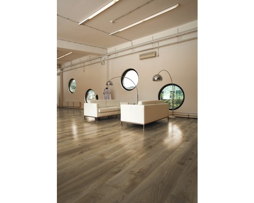 Cameră luminoasă cu podea din lemn, canapele și ferestre rotunde.