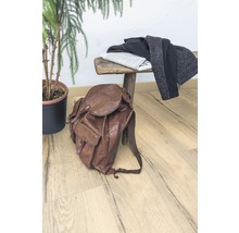 Scenă cu rucsac maro din piele, ziar, haine pe o bancă de lemn și o plantă de apartament.