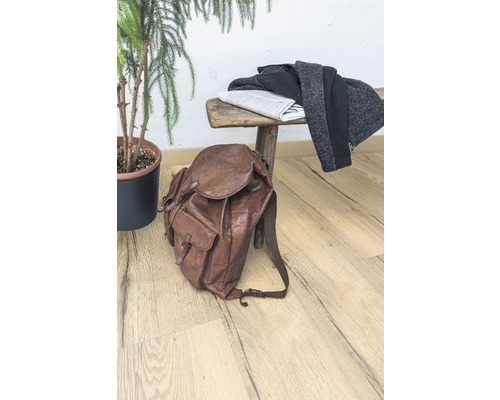 Scenă cu rucsac maro din piele, ziar, haine pe o bancă de lemn și o plantă de apartament.