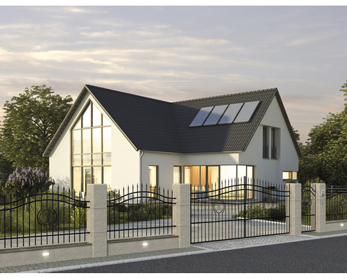 Casă modernă cu gard, poartă și sistem solar