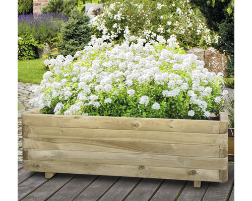 Jardinieră din lemn cu flori albe în grădină