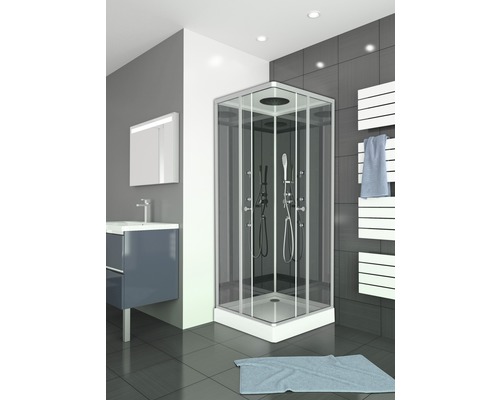 Baie modernă cu duș de colț, lavoar și radiator pentru prosoape