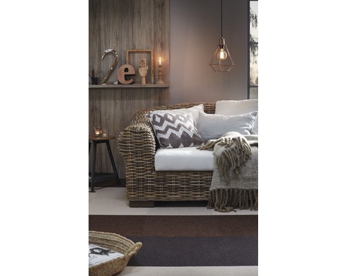 Cameră de zi cu canapea din ratan, perne și lampă suspendată