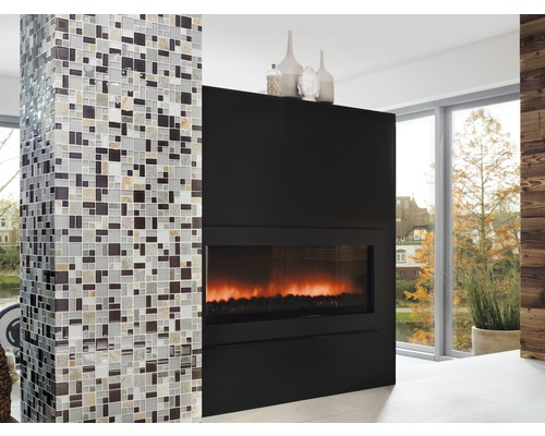 Cameră de zi modernă cu coloană de gresie mozaic și șemineu electric