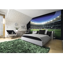 Dormitor cu fototapet cu stadion de fotbal, pat, birou și covor