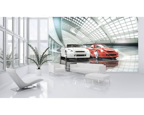 Living luminos cu fototapet cu motiv de mașină sport