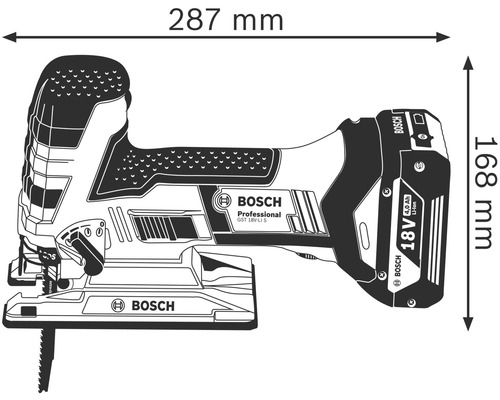 Fierăstrău vertical Bosch cu dimensiunile de 287 mm lungime și 168 mm înălțime