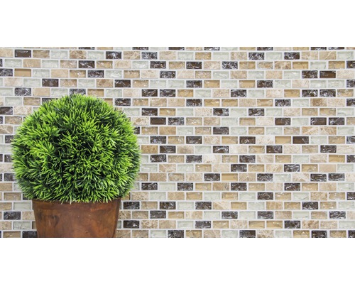 Perete decorativ cu plăci de mozaic și plantă la ghiveci