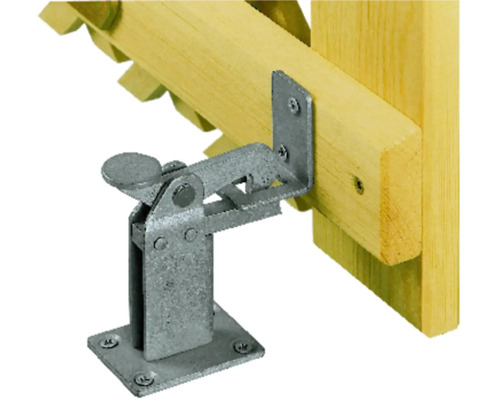 Opritor de poartă metalic montat pe un gard de lemn