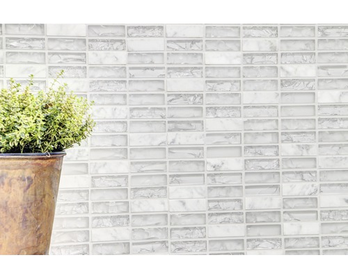 Perete cu plăci de mozaic și plantă în ghiveci.