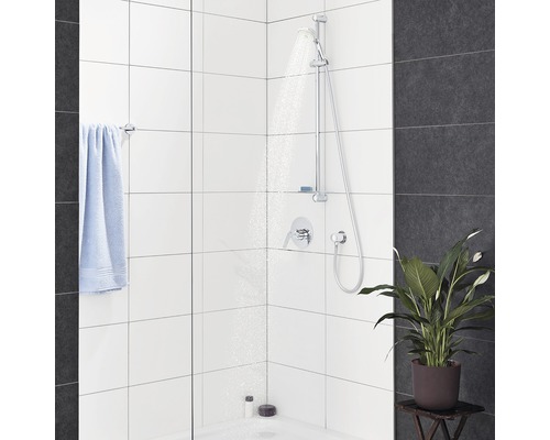 Baie luminoasă cu set de duș, prosop și plantă.