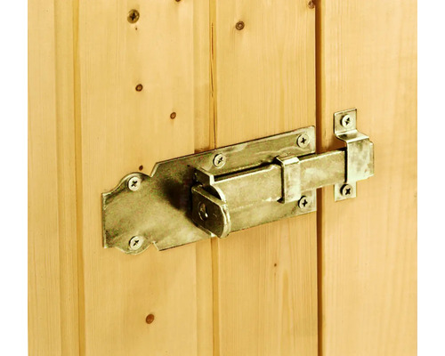 Zăvor metalic fixat pe ușa de lemn