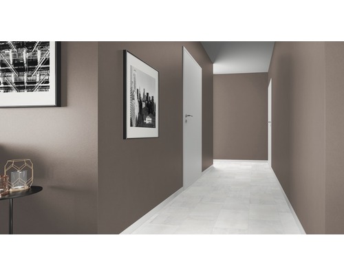 Hol cu uși albe, podea deschisă la culoare și fotografii înrămate pe pereți