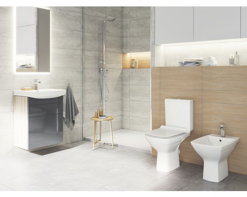 Baie modernă cu lavoar, toaletă, bideu și duș.