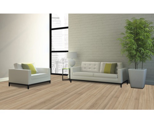 Cameră de zi luminoasă cu parchet laminat, canapea și fotoliu