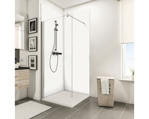Panou baie Decodesign de colț, 2x2100x900 mm, decor uni, alb Baie cu cabină de duș, armătură de duș și coș de rufe