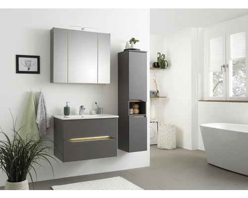 Baie cu lavoar, dulap cu oglindă și dulap înalt în design modern