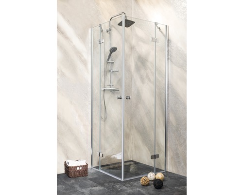 Cabină de duș pe colț cu duș fix și duș de mână într-o baie