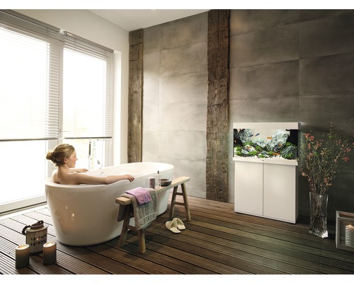 Baie luminoasă cu cadă și acvariu pe dulap inferior