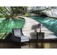 Scenă cu fotoliu, masă și fototapet cu motiv natural