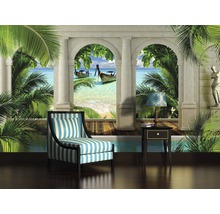 Fototapet cu motiv de plajă tropicală, coloane, scaun și masă