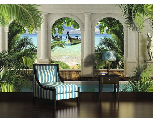 Fototapet cu motiv de plajă tropicală, coloane, scaun și masă
