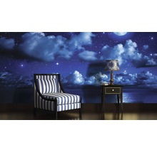 Cameră de zi cu fotoliu, noptieră și fototapet cu motiv de noapte