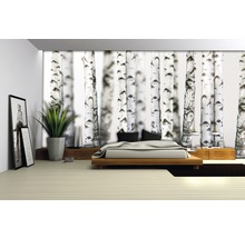 Dormitor cu tapet cu pădure de mesteacăn, pat și decorațiuni pentru o atmosferă liniștită.