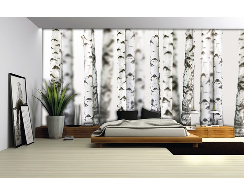 Dormitor cu tapet cu pădure de mesteacăn, pat și decorațiuni pentru o atmosferă liniștită.