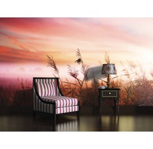 Scenă cu un fotoliu cu dungi, o noptieră și un fototapet cu motiv de iarbă