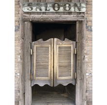Intrare de salon cu uși batante din lemn în zid de cărămidă