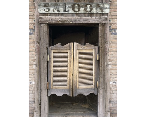 Intrare de salon cu uși batante din lemn în zid de cărămidă