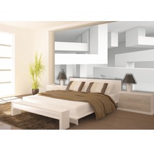 Dormitor modern cu pat, noptiere, lămpi și decor abstract pe perete