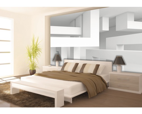 Dormitor modern cu pat, noptiere, lămpi și decor abstract pe perete
