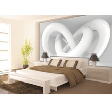 Dormitor luminos cu pat dublu, noptiere, lămpi, plantă de apartament și fototapet cu design abstract