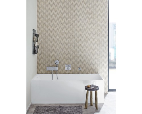 Baie cu cadă, armătură, taburet, covor și raft de perete