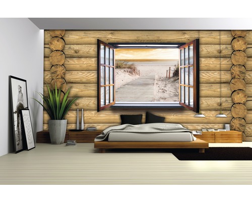 Dormitor cu fototapet cu aspect de lemn și vedere la plajă prin fereastră