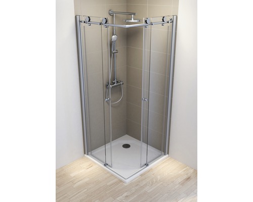 Cabină de duș pe colț cu set de duș în baie