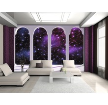 Cameră de zi cu tapet care prezintă o vedere spre spațiu prin arcade cu coloane